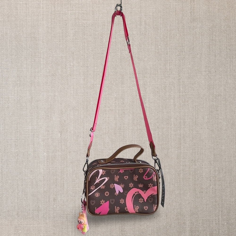 XOXO Brown Status Camera Style Crossbody Single Handle Duo Bag Labubu Keychain